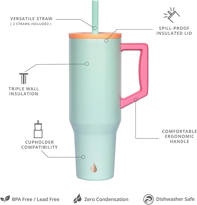 Elemental 40 oz Tumbler with Handle and Straw - Spill Proof Insulated Stainless Steel Commuter for Hot and Cold Beverages - Travel Coffee Mug with 2 Straws & Spill Proof Lid - 40oz - Mint Sorbet