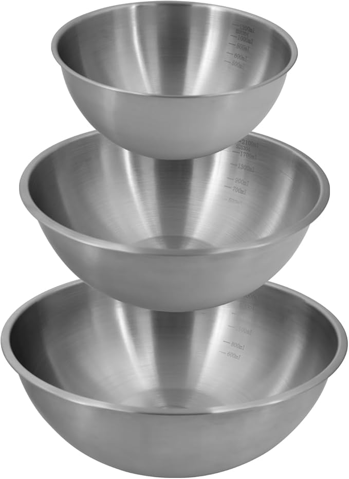 3-Piece Stainless Steel Mixing Bowls Set, 2.4, 3.2 & 4.9 Qt with Measurement Marks, Food Grade 304, Dishwasher Safe & Stackable for Baking, Tossing Salads, and Meal Prep for Your Kitchen
