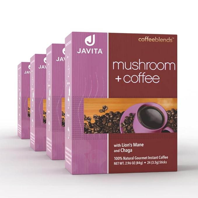 Mushroom + Coffee, Javita Immune & Defend Blend of Chaga, Lion's Mane and Dark Roast Robusta Coffee for Morning Boost, Wellness Support, Smooth, Convenient Coffee Mix (4 box/96 serv)
