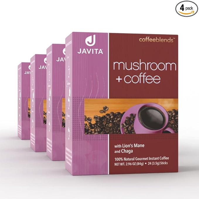 Mushroom + Coffee, Javita Immune & Defend Blend of Chaga, Lion's Mane and Dark Roast Robusta Coffee for Morning Boost, Wellness Support, Smooth, Convenient Coffee Mix (4 box/96 serv)