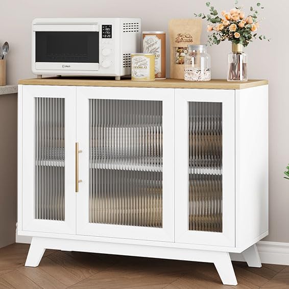 CABIHOME Buffet Cabinet, 36" Sideboard Buffet Storage Cabinet with Adjustable Shelves and Fluted Glass Door, Modern Coffee Bar, Table for Kitchen, Dining Room, Natural