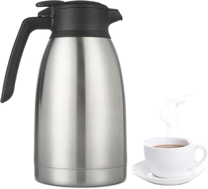 Heritage66 2L Thermal Coffee Carafe with Cleaning Brush – Triple-Wall Vacuum Insulated Stainless Steel Server, Keeps Drinks Hot 12 Hours/Cold 24 Hours, Leak-Proof Lid for Coffee, Tea & Water