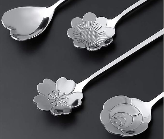 Creative Coffee Scoops and Spoons Set - 8 Different Patterns, Stainless Steel for Tea, Cake, Sugar, Dessert, Ice Cream, Seasoning or Spice - Silver