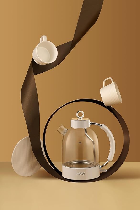 ASCOT Electric Kettle, Glass Electric Tea Kettle Boiler Gifts for Men/Women/Family 1.5L 1500W Borosilicate Glass Tea Heater, with Auto Shut-Off and Boil-Dry Protection (Cream)