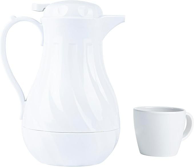 Restaurantware-Restpresso 42 Ounce Coffee Carafes, 10 Insulated Coffee Servers - Push-Button Top, Swirl Design, White Plastic Pitchers, Built-In Handle, With Identification Tags