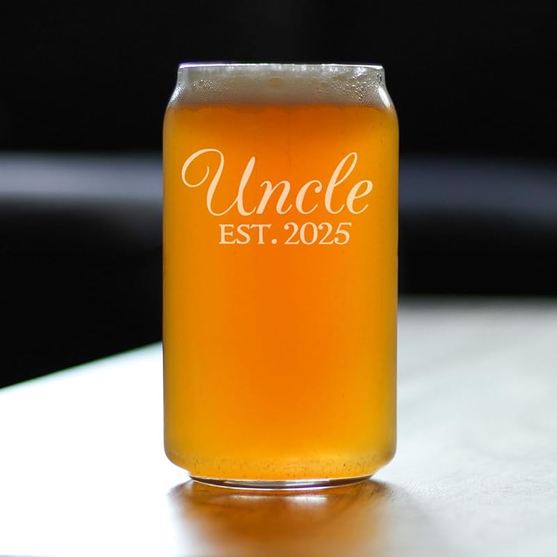 Uncle Est 2025 - Beer Can Pint Glass Gift for First Time Uncles - Decorative 16 Oz Glasses