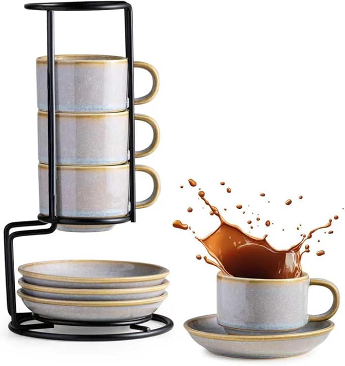 Gomakren 2.5 Ounce Espresso Cups Set of 4, Small Stackable Coffee Cups with Saucers and Metal Stand, Christmas Porcelain Demitasse Cups for Specialty Coffee Drinks, Espresso, Cappuccino, Latte, Gray