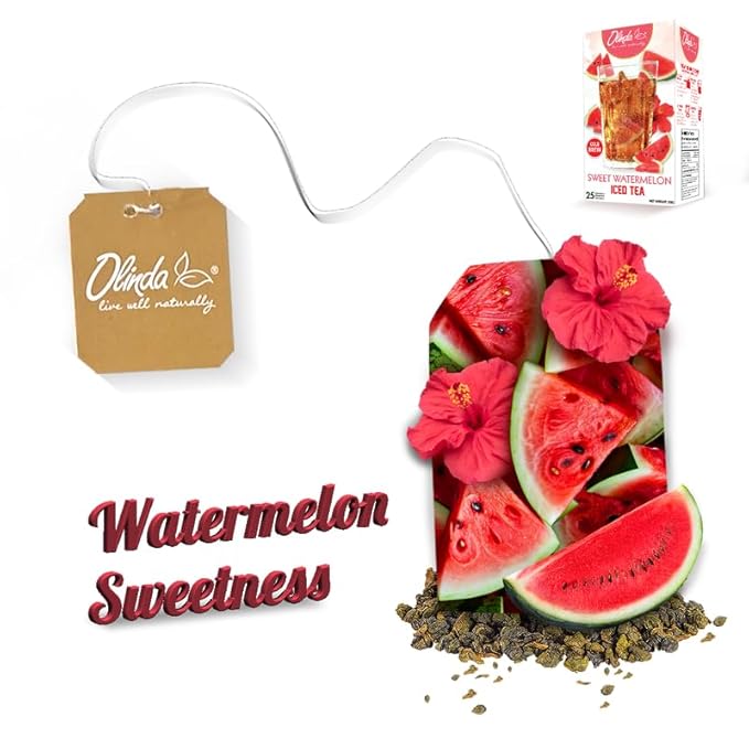 Olinda Iced Tea Sweet Watermelon Iced Tea Bags Cold Brew Organic Herbal Green Tea Summer Drink Hot and Cold Brew Natural Sucralose Sweetened Fruity Flavored Healthy Caffeinated Tea