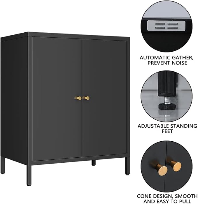 Small 2 Metal Storage Side Buffet Cabinet for Bed Room,Living Room,Entryway,Hallway,Home,Hotel,Office,Garage,Kitchen,1 Removable Shelf. (Metal Door, Black)