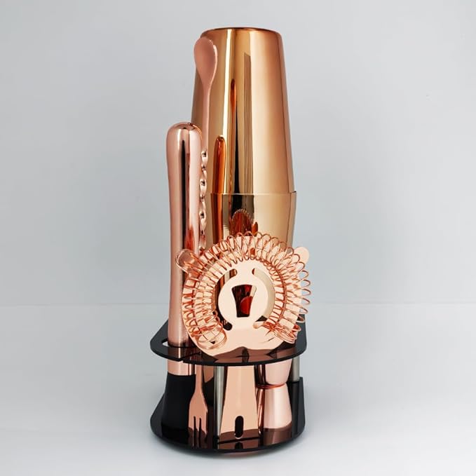 5 Piece Cocktail Shaker Bartender Kit: 750/600ml(25/20oz) Cocktail Shaker Set with Stand, Drink Mixing Includes Martini Shaker,Strainer,Jigger,Bar Mixer Spoon,Muddler Bar Tool Set (Rose Copper)