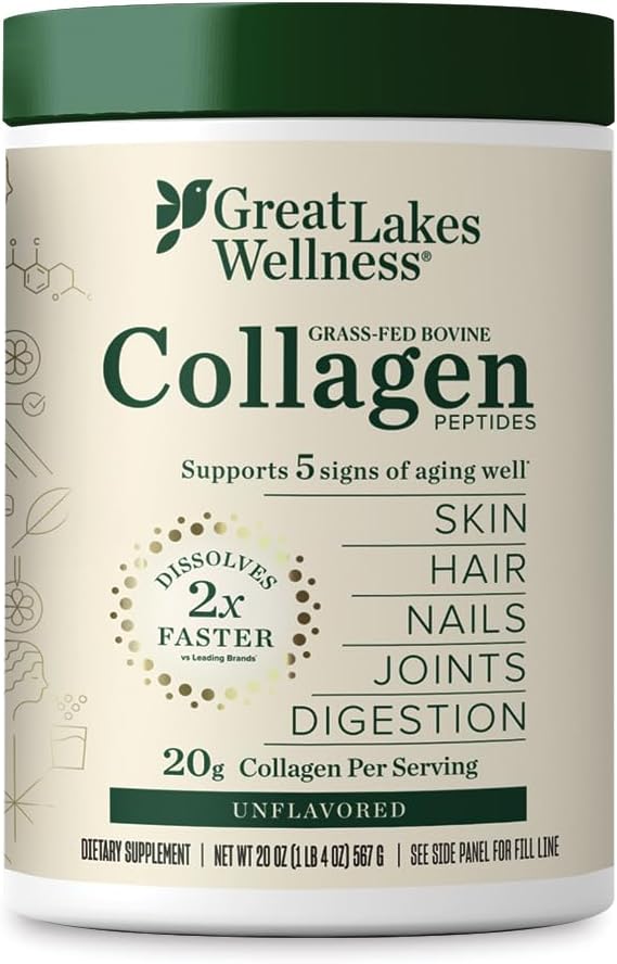 Great Lakes Wellness Collagen Peptides Powder for Skin, Hair, Nails, Joints & Digestion - Unflavored - Quick Dissolve Hydrolyzed, Non-GMO, Keto, Kosher - 20 oz