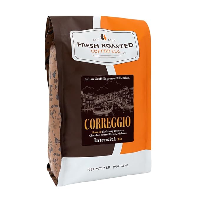 Fresh Roasted Coffee, Correggio Italian Craft Artisan Blend, 2 lb (32 oz), Dark Roast, Kosher, Ground
