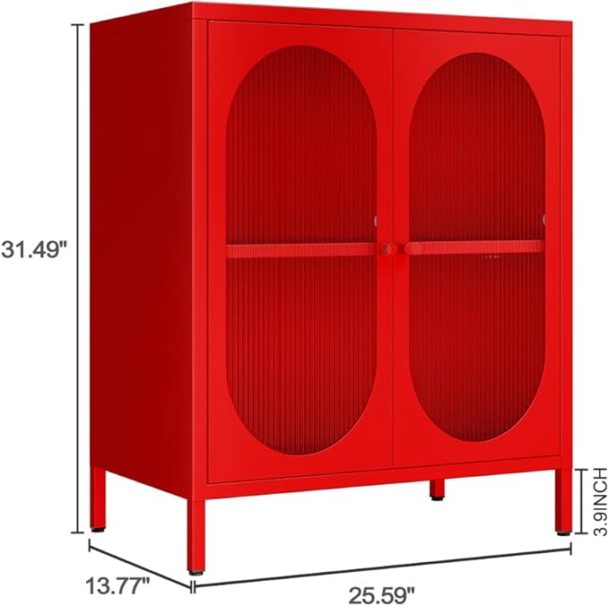 Small 2 Transparent Door Metal Storage Side Buffet Cabinet for Bed Room,Living Room,Entryway,Hallway,Home,Hotel,Office,Garage,Kitchen,1 Removable Shelf. (Transparent Door, Red)