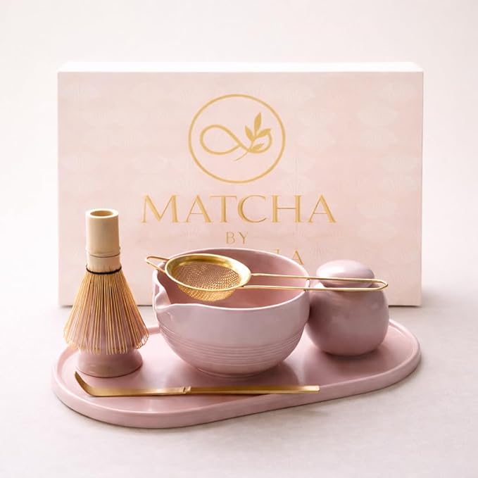 Matcha Whisk Set, Premium 7 Pcs Ceramic Set Includes Bowl, Whisk and Holder, Bamboo Scoop, Canister, Sifter, and Tray