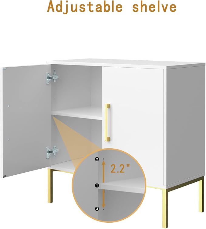 JOZZBY Buffet Sideboard Cabinet with Storage, Modern Wooden Cabinet with Adjustable Shelves, White and Gold Cabinets for Living Room, Kitchen, Hallway, Set of 2