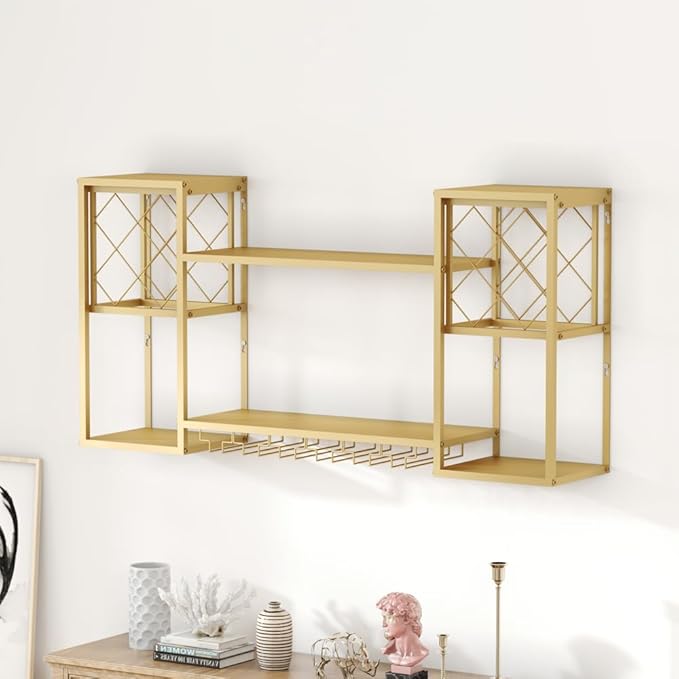 Metal Wall Mounted Wine Rack with Glass Holder, 2 Tier Mini Floating Bar Shelves, Liquor Bottle Display Shelf for Home Bar Kitchen Dining Room (Gold)