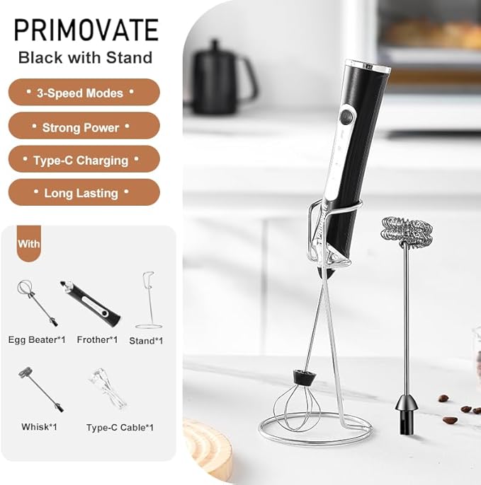 Rechargable Milk Frother, Handheld Drink Mixer with Whisk Attachment, 2025 upgraded powerfull 3 speed motor, Type C charging with charge light, with extra egg mix head (White with Stand)