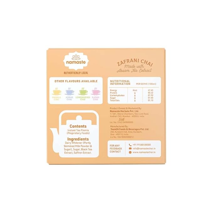 Namaste Chai Zafrani Saffron Tea Premix | Instant Saffron Tea Powder Sachets With Milk and Sugar | 22g x 10 Sachets
