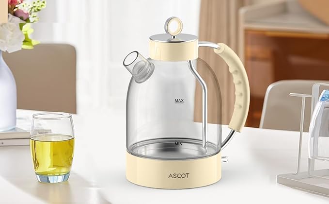 ASCOT Electric Kettle, Glass Electric Tea Kettle Boiler Gifts for Men/Women/Family 1.5L 1500W Borosilicate Glass Tea Heater, with Auto Shut-Off and Boil-Dry Protection (Cream)
