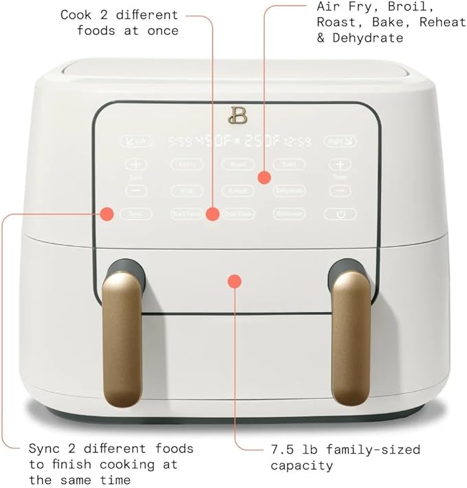 Beautiful 9QT TriZone Air Fryer, White by Drew Barrymore – Dual & Single Zone Cooking, Sync Cook & Finish, 6 Presets, Family Size, Elegant Matte Design, Dishwasher Safe