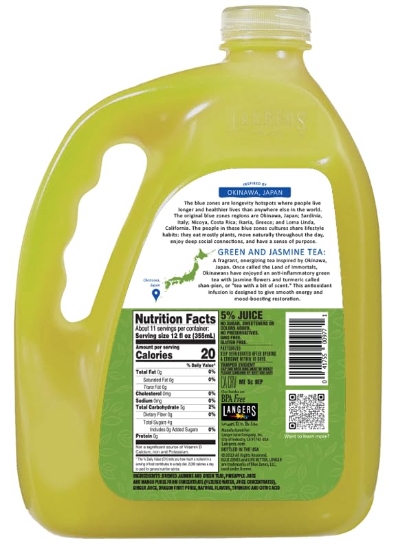 Langers Blue Zones Inspired Unsweetened Tea, Green & Jasmine Tea, 128 Fl Oz (Pack of 2)