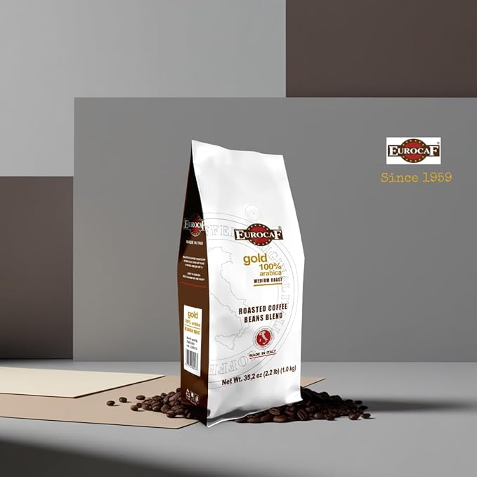 Eurocaf Blend Gold 100% Arabica, Whole Bean Coffee, Medium Roast, 2.2 Ib, Original Italian Coffee (Pack of 1)