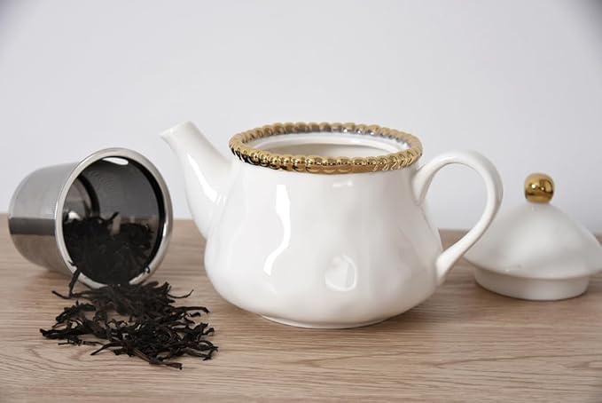 Pampa Bay Salerno Tea Pot with Cover (White with Silver Beading)