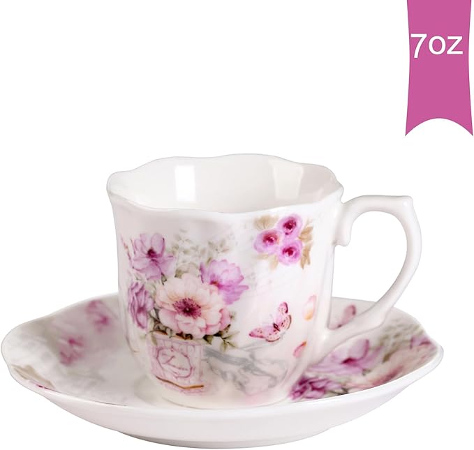 GuangYang 7 oz Porcelain Tea Cups and Saucers set of 6,Purple Fancy Floral Pattern (Perfect for Cappuccino, Flat white Coffee, Americano, Hot Tea, or Desserts)