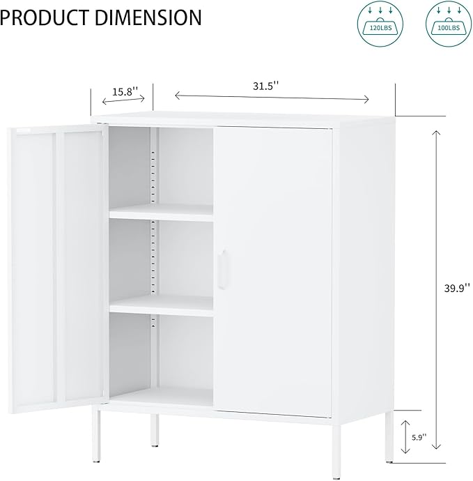 Metal Locker Storage Cabinet, Accent Sideboard Cabinet with Adjustable Shelves for Home Office, Garage, Kitchen, Living Room (White, 40" H-Metal Doors)