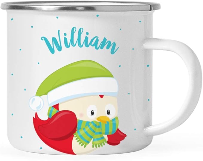 Andaz Press Personalized Name 11oz. Kids Christmas Hot Chocolate Stainless Steel Campfire Coffee Mug, Festive Red Owl Blue Green Scarf, 1-Pack, Custom Child’s Birthday Xmas Cup