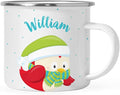 Andaz Press Personalized Name 11oz. Kids Christmas Hot Chocolate Stainless Steel Campfire Coffee Mug, Festive Red Owl Blue Green Scarf, 1-Pack, Custom Child’s Birthday Xmas Cup