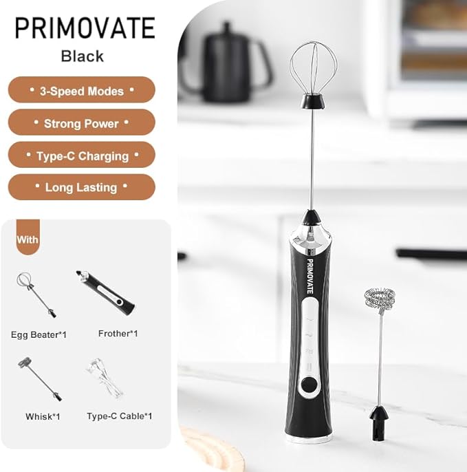 Rechargable Milk Frother, Handheld Drink Mixer with Whisk Attachment, 2025 upgraded powerfull 3 speed motor, Type C charging with charge light, with extra egg mix head (Black without Stand)