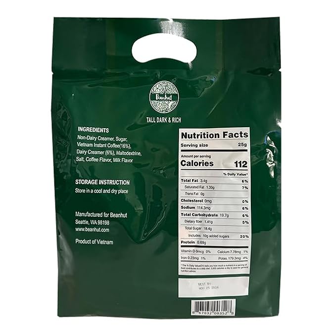 Beanhut's Vietnamese Latte, Instant Coffee Mix, 3 in 1 Coffee Mix, 25g x 50 sticks(2.75 lb)