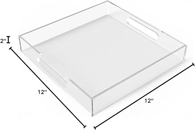Acrylic Serving Tray (12x12x2Inch) with Handles -Spill Proof- Clear Decorative Tray for Appetizer,Breakfast -Countertop Organizer Storage Tray for Kitchen,Bathroom,Living Room