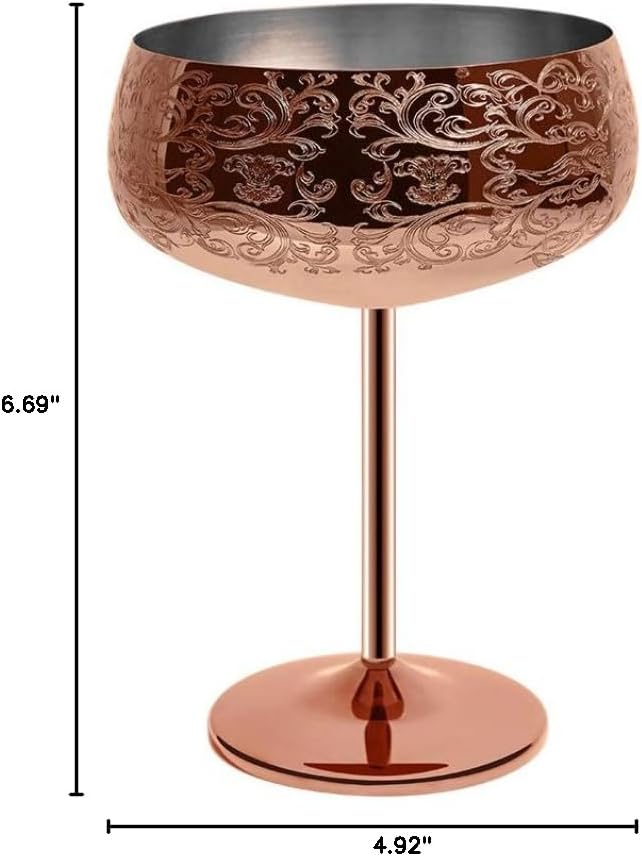 Sky Fish 14 oz Etching Martini Cocktail Glasse,Copper Plated Stainless Steel,Set Of 2 With 2 Cocktail Picks