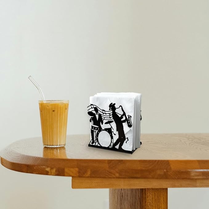 Jazz Live Performance Decorative Black Metal Napkin Holder for Table, 5.3" x 4.9" x 1.9" Sheet Music Standing Napkin Holder for Home Kitchen Restaurant Picnic Party Coffee Bar Dining Room