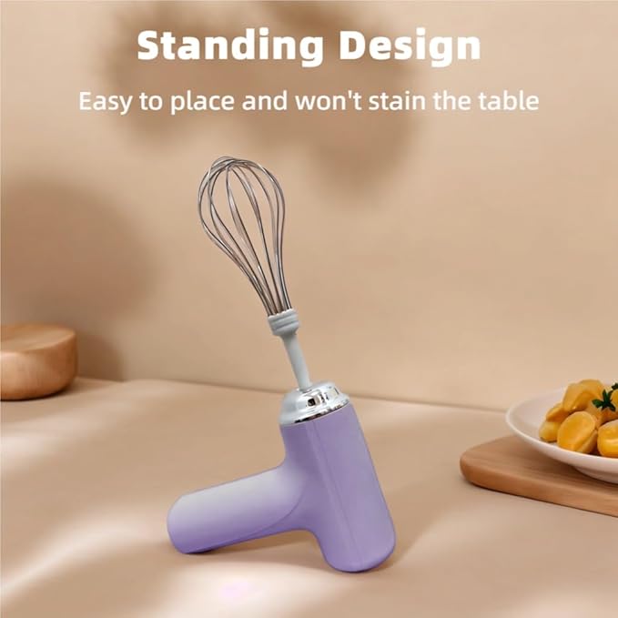 Cordless Hand Mixer, One Touch Off Handheld Electric Whisk with 3 Speed Modes, Hand Held Egg Beater with 2 Detachable Stir Whisks (Purple）