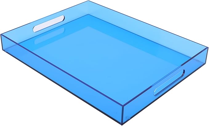 Large Acrylic Tray Ottoman Coffee Table Tray with Handles 17x13'' Decorative Serving Platter for Food Tea Dinner Snack Eating Bar Party, Blue