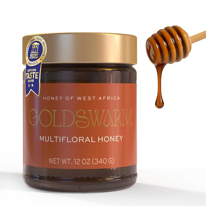 Goldswarm Premium Raw Honey – Pure & 100% Natural Multifloral Honey from West Africa, Award-Winning Taste 2025, Non-GMO, Traceable from Hive to Hand (12 oz Jar)