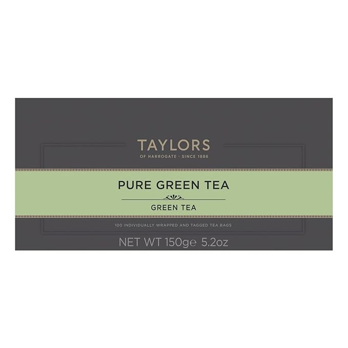 Taylors of Harrogate Pure Green Tea, Individually Wrapped Bags, 100 Count (Pack of 1), Delicate, Mellow and Crisp, Caffeinated, Enjoy Hot or Iced, 100 Teabags