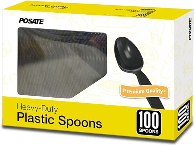 POSATE Heavyweight Plastic Spoons, Black, Pack of 100, Disposable Utensils for Party Supply