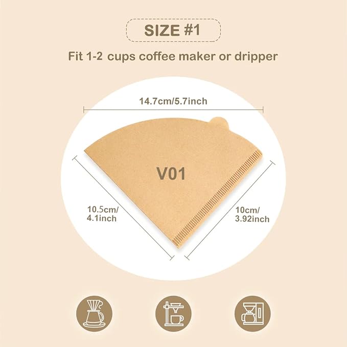 Coffee Filter 01,Set of 200 V01 Coffee Filters Size 01 Cone Coffee Filters Natural Unbleached Disposable Coffee Filter Paper For Pour Over Coffee Dripper and Coffee Maker(1-2 Cup)
