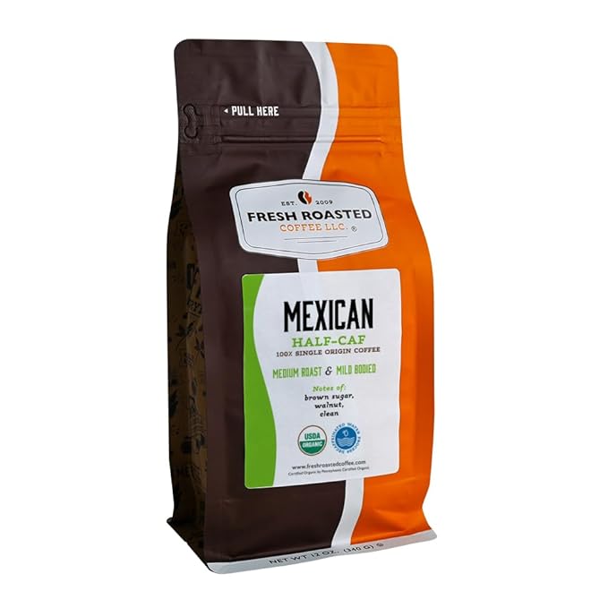 Fresh Roasted Coffee, Organic Mexican Water-Processed Half-Caf | USDA Organic, Kosher | Medium Roast 12 oz Whole Bean