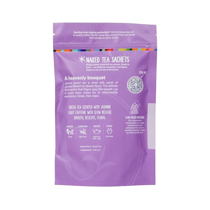 Two Leaves and a Bud Jasmine - 50 Naked Tea Sachets, Whole Leaf Green Tea in Eco-Friendly Unwrapped Compostable Sachets, Resealable Bag, 50 Count (Pack of 1)