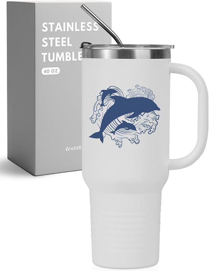Onebttl Dolphin Gifts for Women, 40 oz Insulated Stainless Steel Wine Tumbler with Lid and Straw, Dolphin Gifts For Christmas