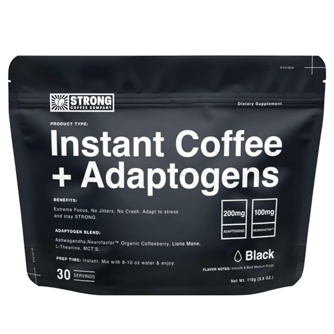 Strong Coffee Co. Instant Black Coffee | Organic Coffee with Nootropics & Adaptogens, NeuroFactor®, L-Theanine, Ashwagandha, Reishi & MCT Oil | No Jitters, No Crash (1, 30 Servings)