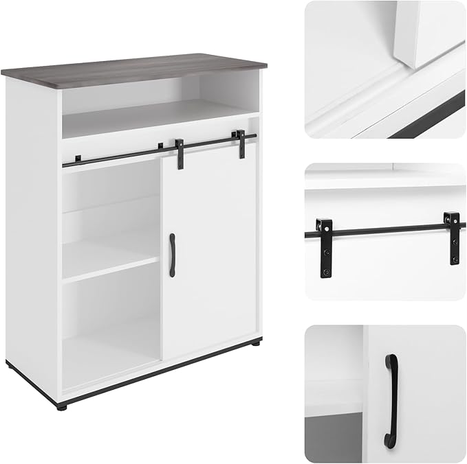 ALBAD Coffee Bar Cabinet/Table, 32" Buffet Sideboard with Sliding Barn Door and Storage Shelves, Farmhouse Wood Kitchen/Accent Storage Cabinet White Walaut
