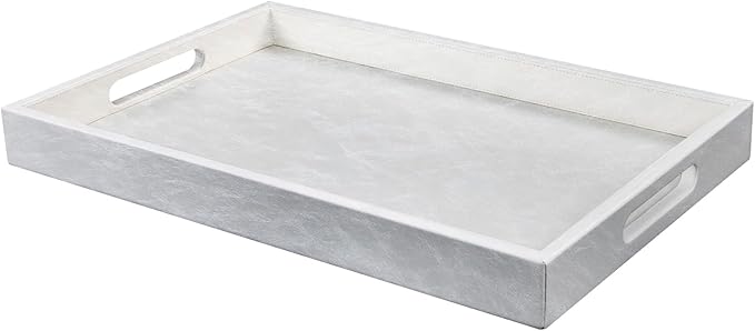 18 * 12 inches Leather Rectangle Serving Tray with Hole Handles,High-End Light Large Service Tray for Ottoman Tray, Tea, Food, Butler - Countertop, Kitchen,Family Dinner, Picnic(White)