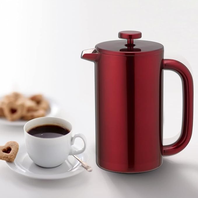 8-Cup Double Wall Insulated Stainless Steel French Coffee Press, 32-Ounce Durable Coffee Tea Maker with Stainless Steel Plunger, Red
