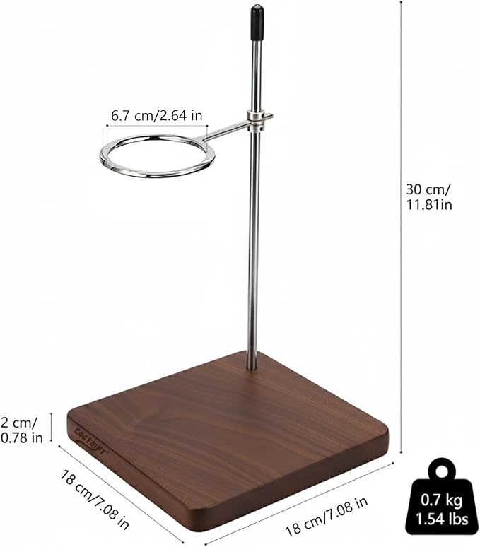 Pour Over Coffee Stand, North American Black Walnut Base with Stainless Steel Single-Arm Ring, Rotating Dripper Stand Fits 1-2 Cup V60 Brewers, Mugs and Carafes for Home Coffee Bar Setup
